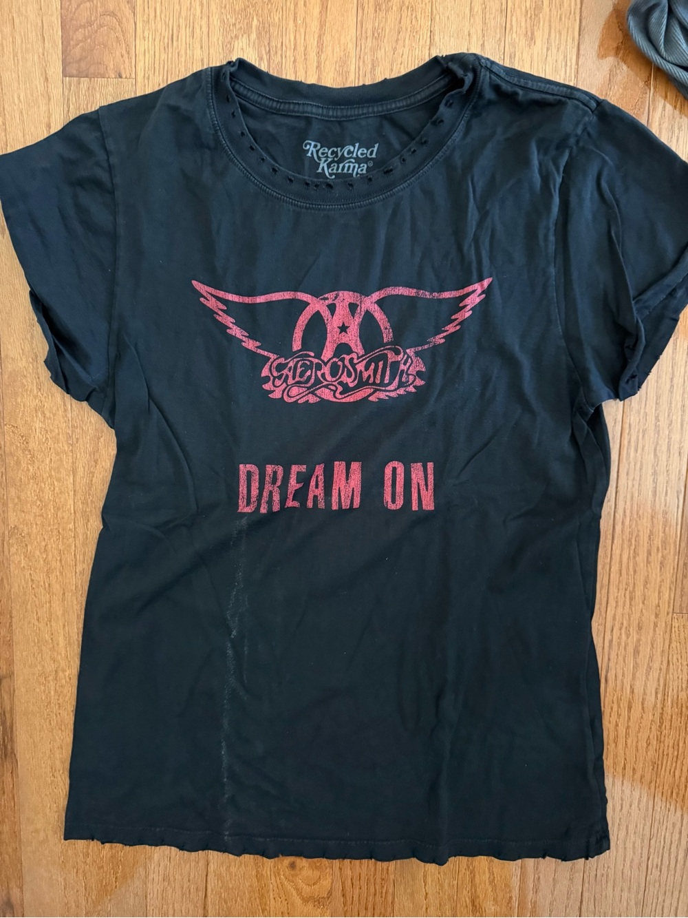 Karma Black Tee with Faded Red Aerosmith Graphic